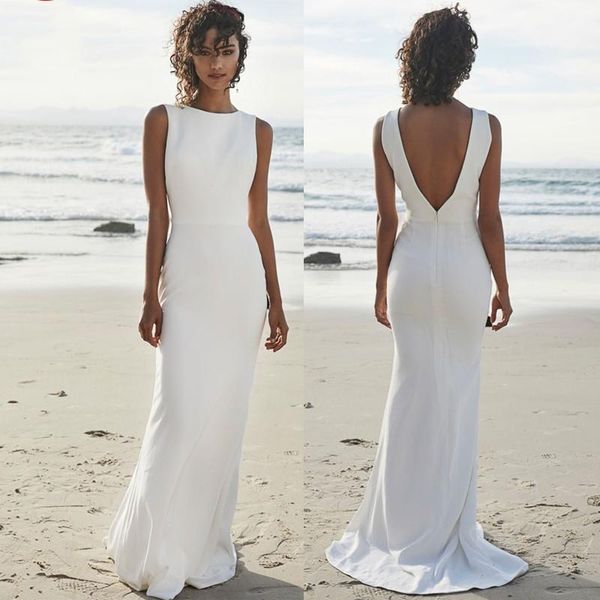 

2021 simple mermaid beach wedding dresses sleeveless chiffon sleeveless backless sweep train wedding bridal gown vestido de novia, White