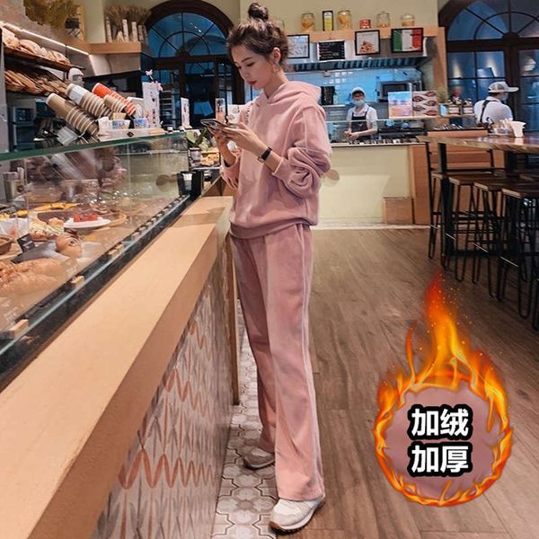 

thickened plush gold silk sports women's winter loose and slim korean student's two piece running suit fashion, Gray