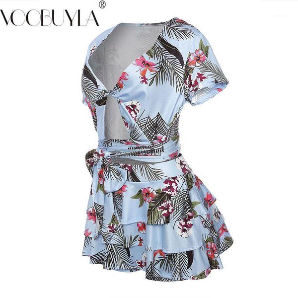 

voobuyla 2018 summer women two pieces sets lace up crop & leaves print shorts set famale beach casual deep v-neck outfits1, White