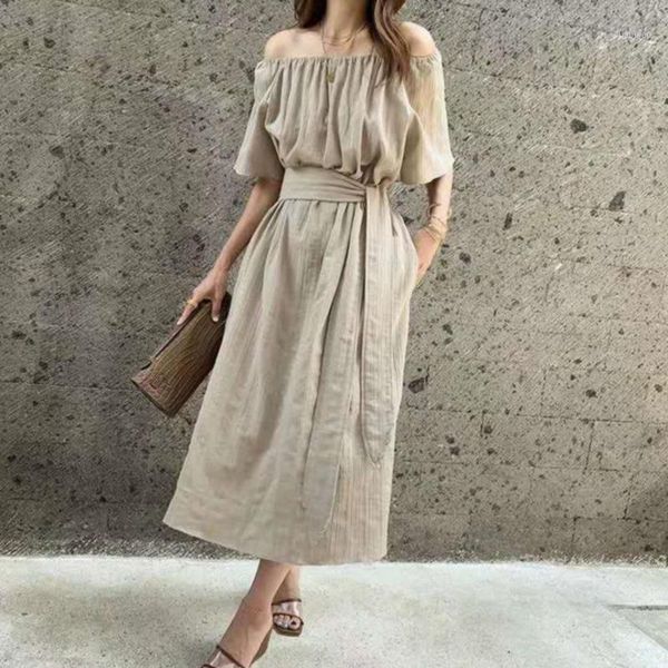 

2020 summer new loose casual womens slash neck girl female comfortable easy korea belt dress simple dresses chic e0581, Black;gray