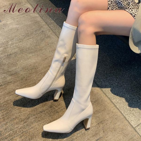 

meotina real leather high heel lady long boots knee high boots women shoes square toe zipper block heels stretch beige 40, Black