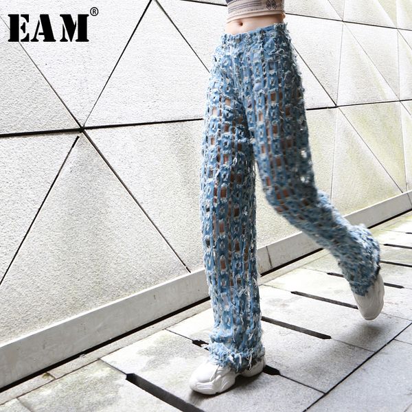 

[eam] 2020 new spring autumn high elastic waist retro hole hollow out loose wide leg pants women trousers fashion tide lj201130, Black;white