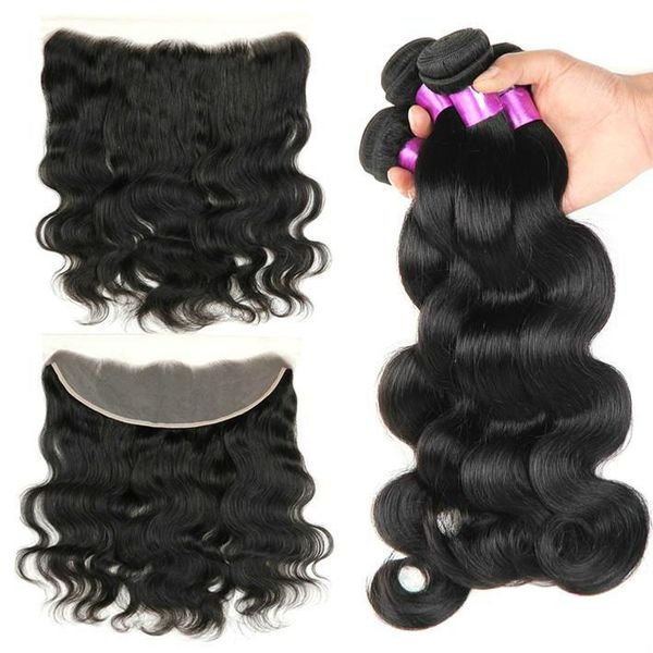 

13x4 lace frontal closure with bundles body wave raw indian virgin hair weaves ear to ear full frontals piece and human hair extensions, Black