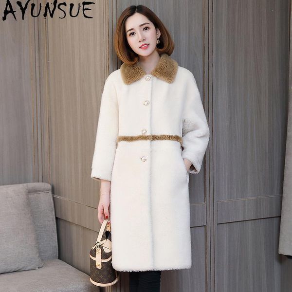 

ayunsue sheep shearing real fur coat female winter jacket women clothes long 100% wool fur coats and jackets women 2021 kj6183, Black