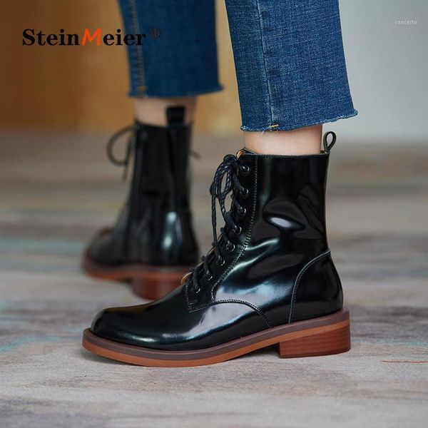 

women genuine leather ankle boots motorcycle laces up boots winter leather flat heel short laces shoes 20201, Black