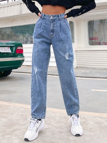 

ripped straight leg washed jeans v0c0#, Blue