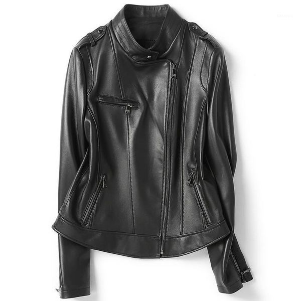 

2020 fashion genuine leather short jacket women spring motorcycle sheepskin coat real leather outerwear female 32711, Black