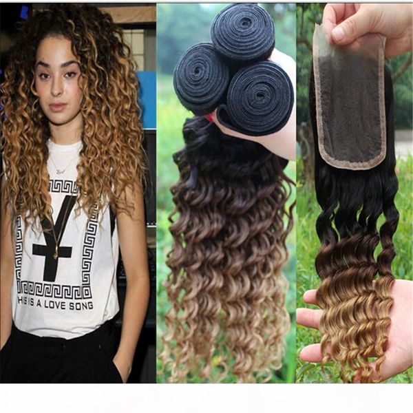 

1b 4 27 honey blonde ombre brazilian human hair weaves with lace closure deep curly wave two tone 3bundles with closure 4pcs lot, Black