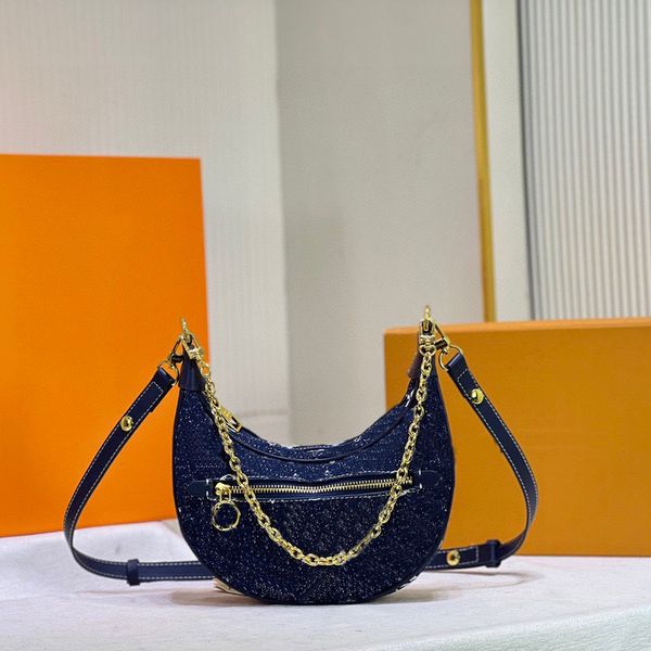 

women loop crossbody axillary bag denim handbag cruise baguette detachable chain jacquard weave white letter pattern zipper closure