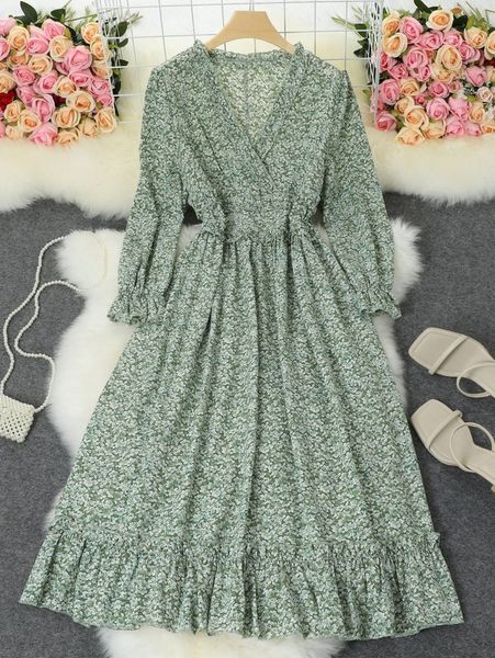 

plus allover floral print flounce sleeve ruffle hem dress g7ms#, Black