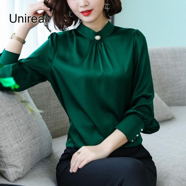 

women's blouses & shirts unireal 2021 spring women satin blouse long sleeve vintage office lady silk plus size, White
