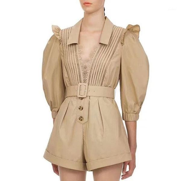 

2020 summer women jumpsuit ruffles puff sleeves v-neck vintage rompers womens jumpsuit lace summer shorts1, Black;white