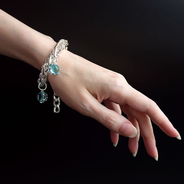 

rock chain link bracelet blue beads brass metal rhodium plated cool long adjustable bracelets bangle for women, Golden;silver