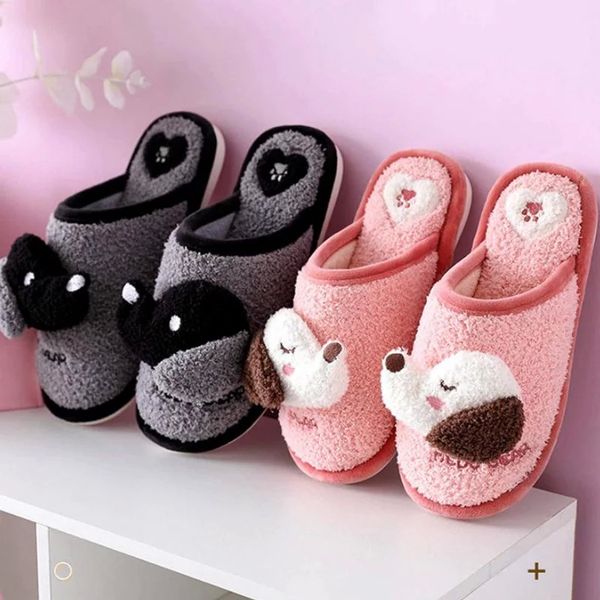 

female cartoon slippers warm plush cute dog soft sole lovers winter indoor shoes woman men home floor slipper anti-slip footwear #uq4k, Black