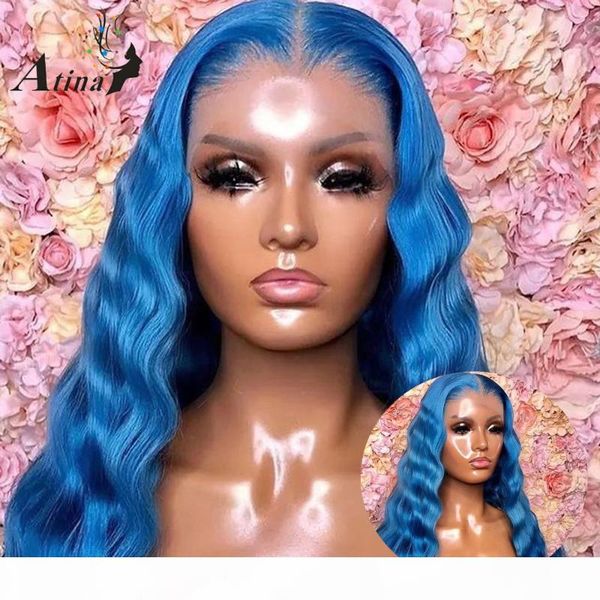 

blue colored human hair wig pre plucked brazilian remy bleach knots loose deep wave hd transparent lace front wig atina, Black;brown