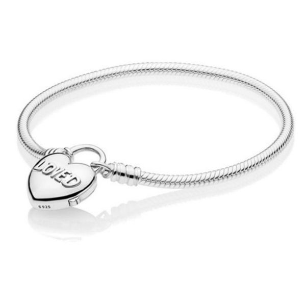 

2021 new 100% 925 sterling silver valentine's day moments smooth bracelet with loved heart padlock clasp for jewelry gift, Black