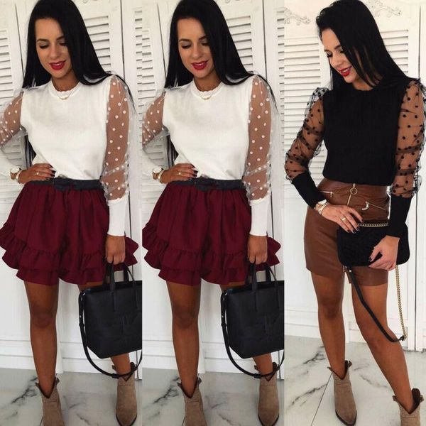 

women's blouses & shirts women sheer casual mesh puff sleeve blouse slim club ladies solid clothing1, White