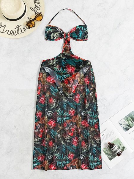 

tropical print cut out halter cover up 33mj#, White;black