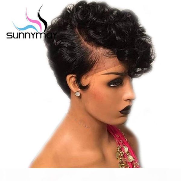 

pixie cut wigs lace front wigs wavy short bob remy hair 150% glueless curly human hair wig pre plucked hairline bleached knot, Black;brown