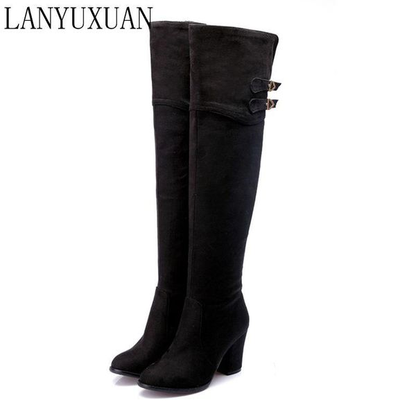 

winter boots real 2020 big size 34-48 women knee high boots chunky heels round toe spring autumn shoes less platform 722-2, Black