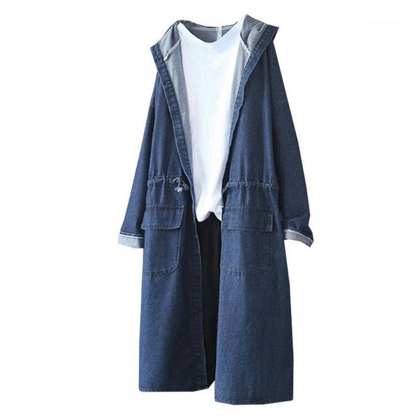 

women's trench coats 2021 autumn women denim hooded windbreaker long coat casual loose vintage outerwear female jeans size s-xl1, Tan;black