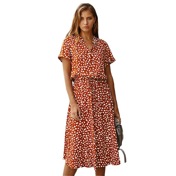 

2021 new fashion summer dot print dress women high waist sashes a line short sleeve single-breasted long dresses idkw, Black;gray