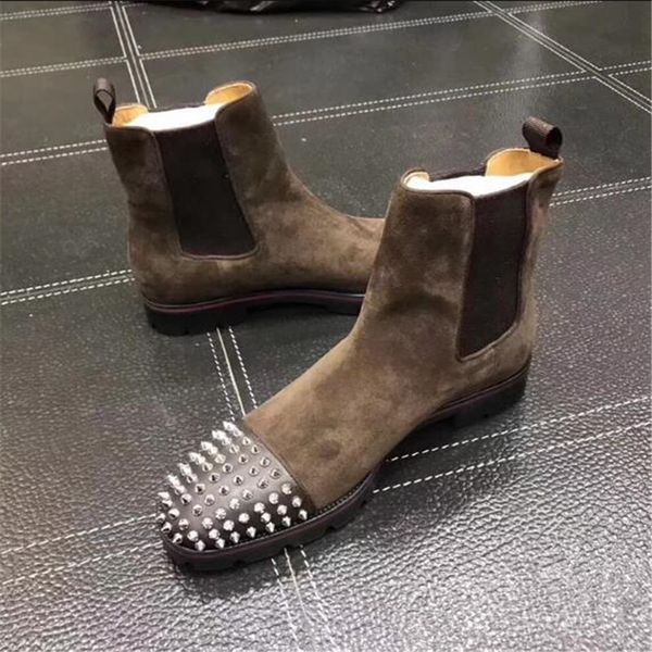 

men red bottom mid design men ankle low heels genuine leather suede with rivets melon spikes flat short knight boot b02