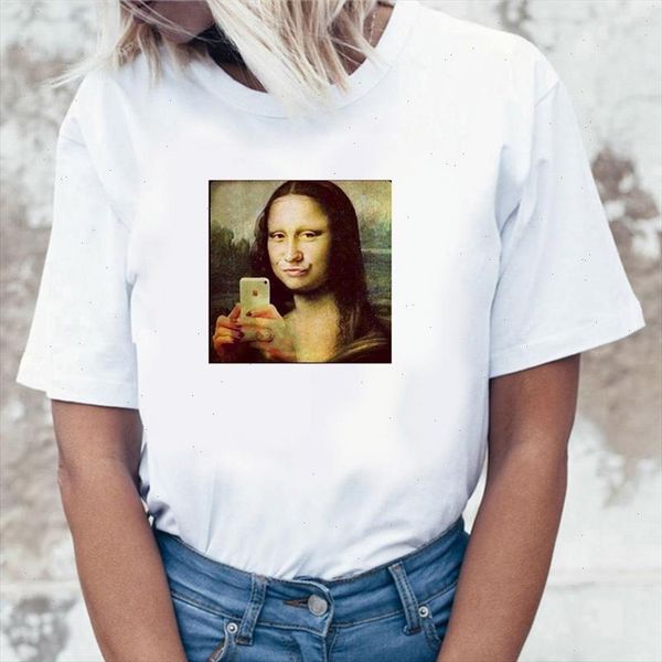 

female t shirt funny mona lisa aesthetic harajuku graphic t shirt girl female ullzang retro 90s new fashion top, White
