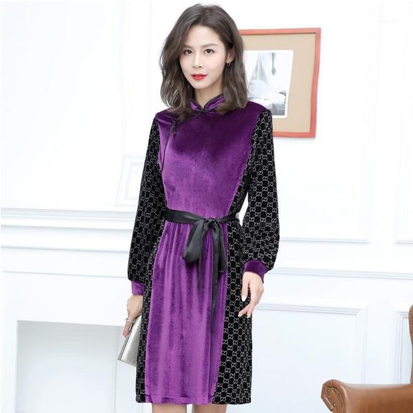 

mongolian ethnic flavor new velvet splicing stand collar long sleeve woman casual special bottoming dress robe autumn winter1, Black;red