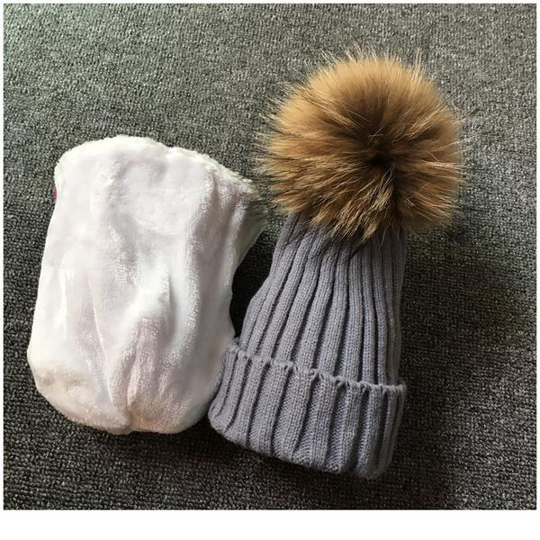 

2019 real raccoon fur ball hats plus velvet winter hat cap for kids boy girl warm fur pom poms ski qylruo