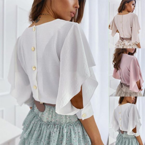

v-neck chiffon blouse shirt women 2021 summer fashion back metal buttoned detail blouses 2xl butterfly sleeve ladies 1, White