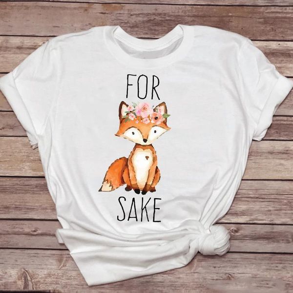 

women t-shirts cartoon flower fashion spring summer fox animal ladies print graphic t lady shirt female tee t-shirt, White