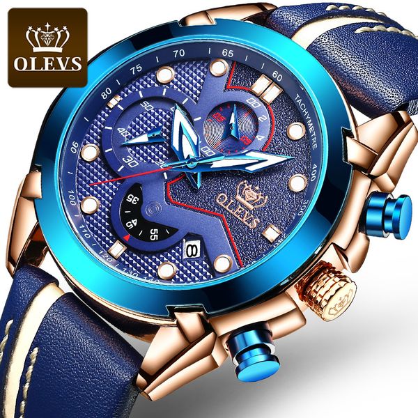

olevs original fashion men's waterproof quartz watch independent chronograph calendar calendar sports student leather strap t200409, Slivery;brown