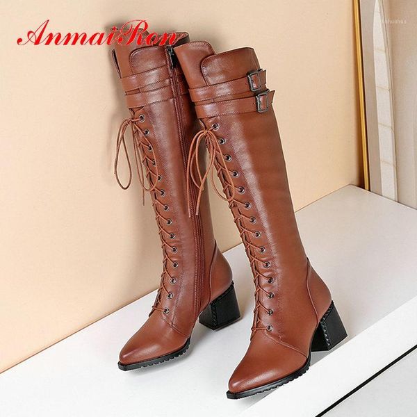 

boots anmairon 2021 fashion winter women shoes genuine leather knee high riding pointed toe square heel size 34-421, Black