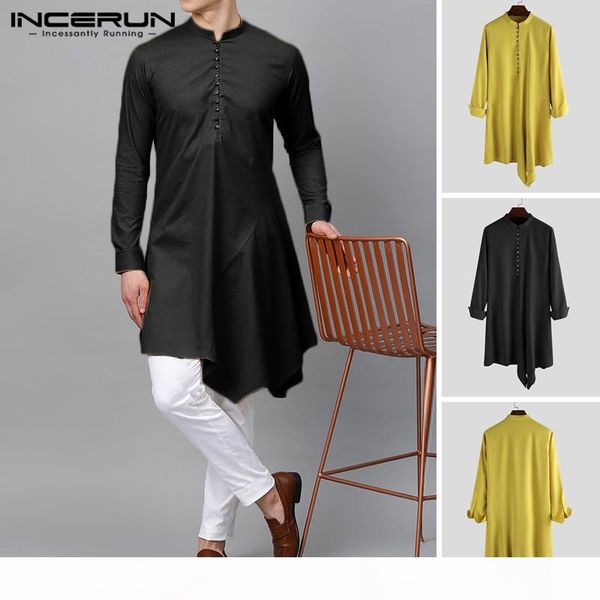 

incerun мужчины одежда мужчины длинные рубашки с длинным рукавом сплошной цвет vintage kurtas мужские рубашки нерегулярные stand collar мусу, White;black
