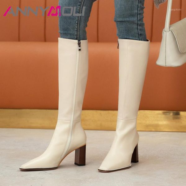 

annymoli long boots women shoes real leather high heel knee high boots square toe block heels zipper ladies beige size 401, Black