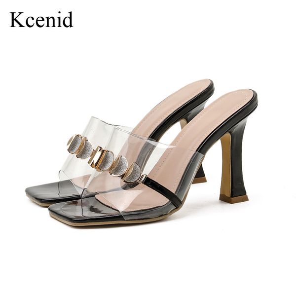 

kcenid summer women slippers sandals pvc transparent with metal bling design women slides open toe high heels dress shoes x1020, Black