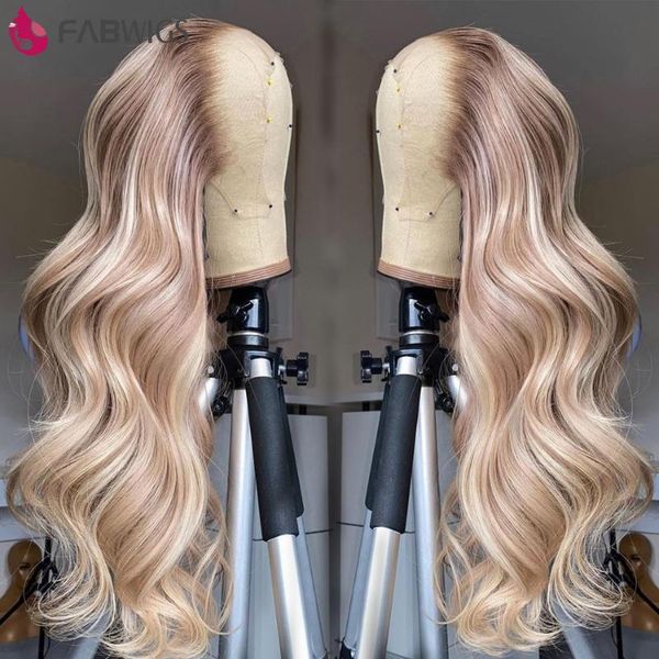

lace wigs fabwigs lemi color p27/613 balayage wig 13x6 frontalwig pre plucked highlight human hair ombre blonde frontal, Black;brown