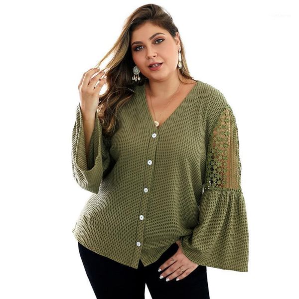 

autumn knitted plus size 3xl 4xl flower tshirt women deep v-neck long flare sleeve army green hollow out buttons tees1, White