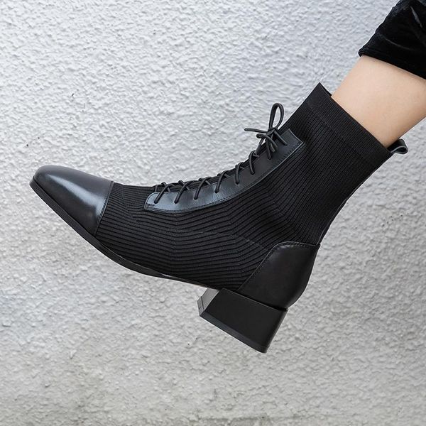 

boots genuine leather knitting women's ankle 2021 autumn winter high heels pumps retro wedding night club shoes woman, Black