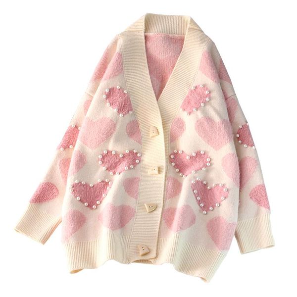 

women's knits & tees [eqw] women casual spring knit jacket and coats v neck button up perlas beading sweaters sweet heart cardigans, White