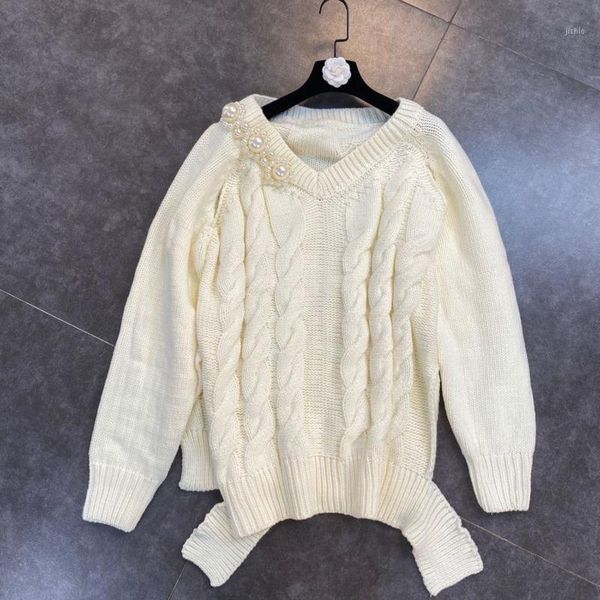 

deat 2020 autumn winter women new fashion v-neck long sleeve beading decoration beige pullovers casual knitted sweater rc6951, White;black