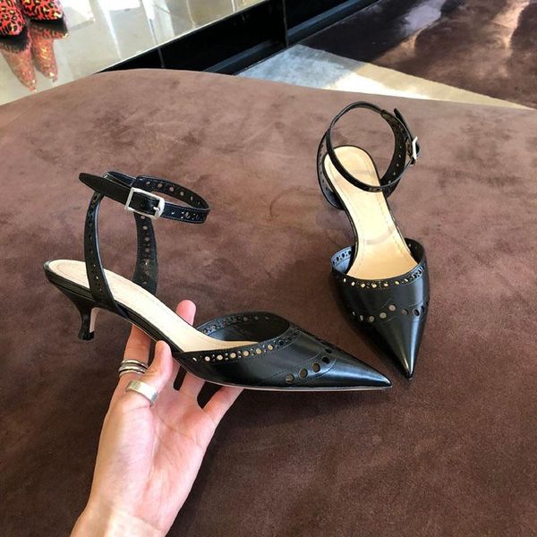 

kmeioo fashion black ankle strap sandals summer woman shoes point toe med heels women dress kittens back strap sandals