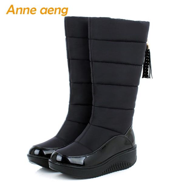 

2020 new winter mid-calf boots middle wedge heel round toe waterproof ladies women shoes black down snow boots big size