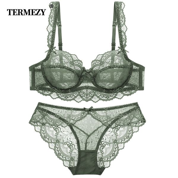 

termezy ultra-thin cup lace underwear transparent bra set bow decoration lingerie comfortable brassiere and panties set y200415, Red;black