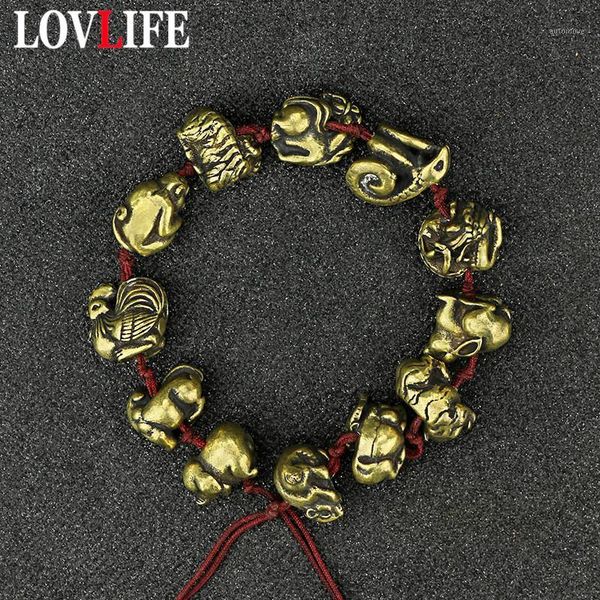 

vintage brass chinese 12 zodiac animals rat bull tiger dragon snake horse sheep monkey chicken dog pig rope bead bracelet1, Black