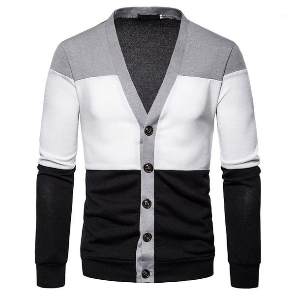 

heflashor men's knitted sweater casual patchwork pullovers jacket three-color stitching deep v cardigan men knitted sweater coat1, White;black