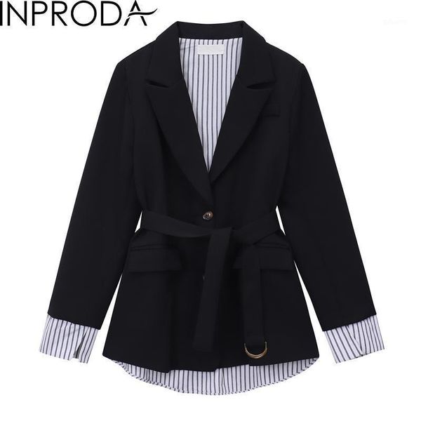 

inproda women suit blazer patchwork fake two women blazers jackets asymmetry bandage black suit coats 2021 new fashion1, White;black
