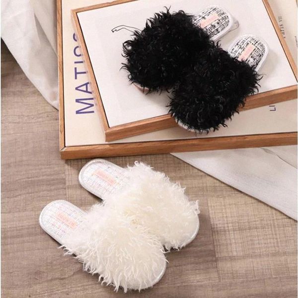 

soft faux fur slippers women indoor outdoor warm slippers anti-slip ladies winter shoes slip on female fashion slides sh448 #na7y, Black