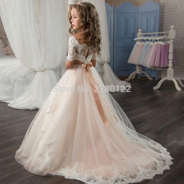 

white holy communion dress with lace sleeves bow sash champagne puffy tulle ball gown prom dress 2020 for girls, Red;yellow